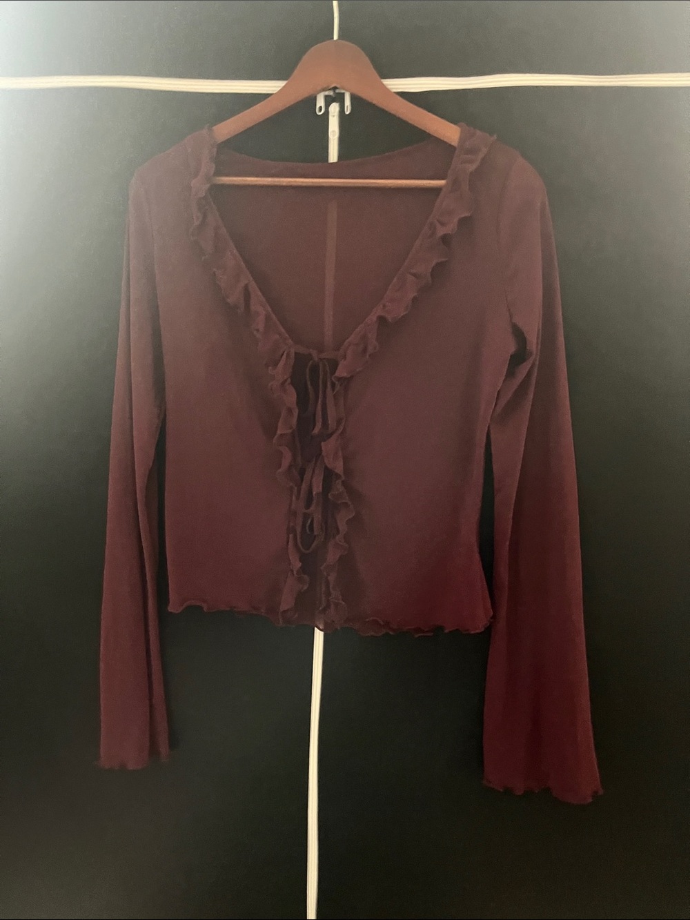 SHEIN Burgundy Ruffle-Front Long Sleeve Blouse